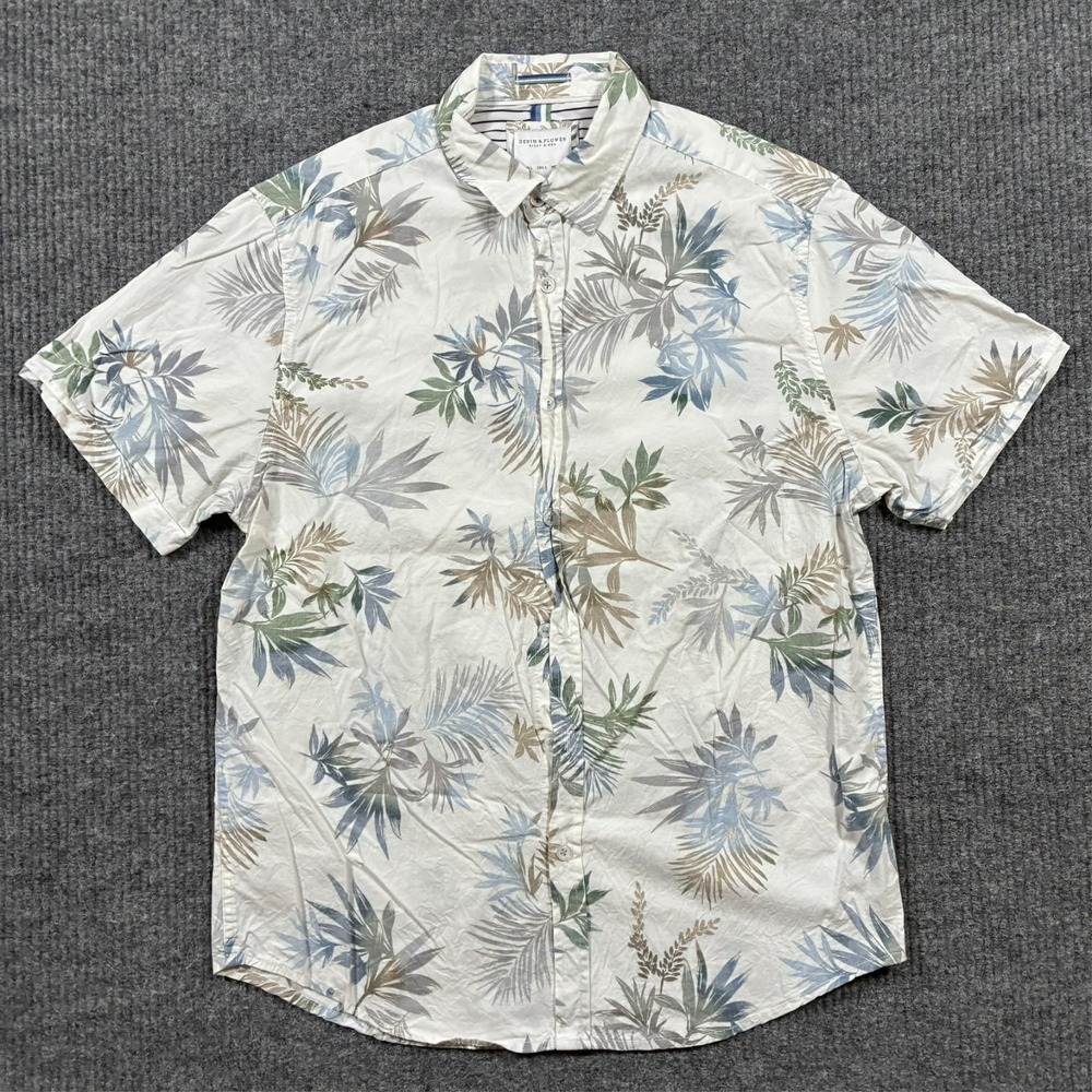 Denim & Flower Mens Button Up Shirt Size L Hawaiian Floral Stretch Short Sleeve